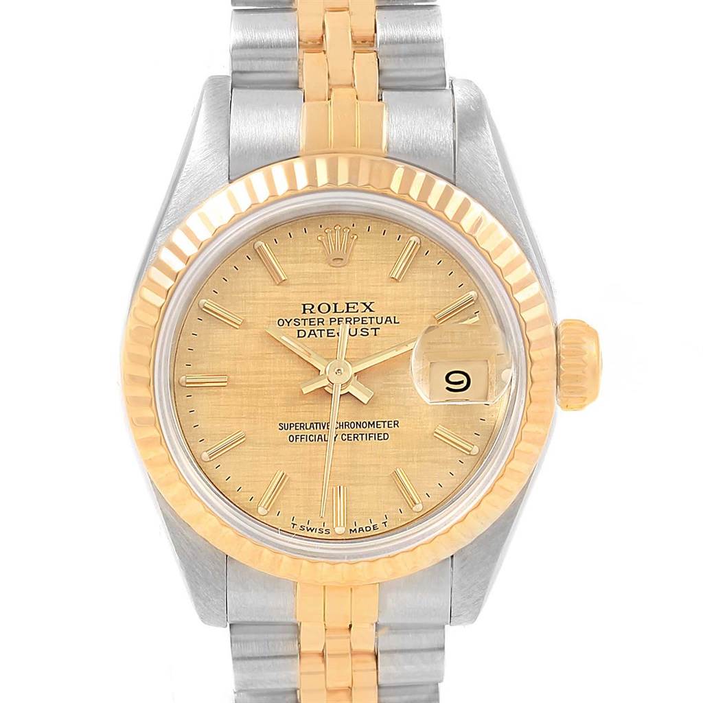 The Rolex 69173 Men's Stainless Steel Champagne Dial 69173 Men's Stainless Steel Champagne Dial Datejust Steel Yellow Gold Champagne Linen Dial Ladies Watch 69173 is shown from a front angle highlighting its dial, bezel, and bracelet.