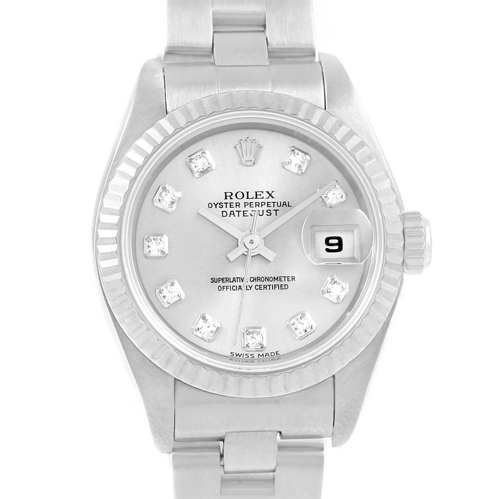 The image shows a Rolex Datejust 79174 Women's Stainless Steel Silver Dial 79174 Women's Stainless Steel Silver Dial watch from the front, displaying the dial, date window, and part of the bracelet.