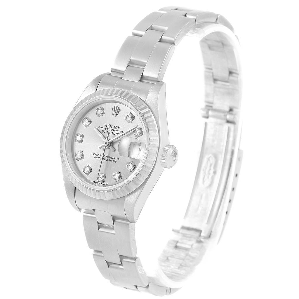 The Rolex Datejust 79174 Women's Stainless Steel Silver Dial 79174 Women's Stainless Steel Silver Dial watch is shown at a slight angle highlighting the face, bezel, crown, and part of the bracelet.