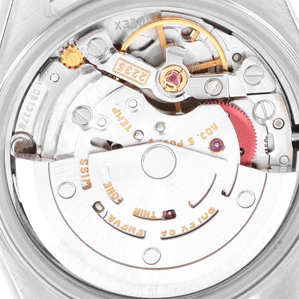 This image shows the rear view of the Rolex Datejust 79174 Women's Stainless Steel Silver Dial 79174 Women's Stainless Steel Silver Dial model, highlighting the intricate details of its movement.