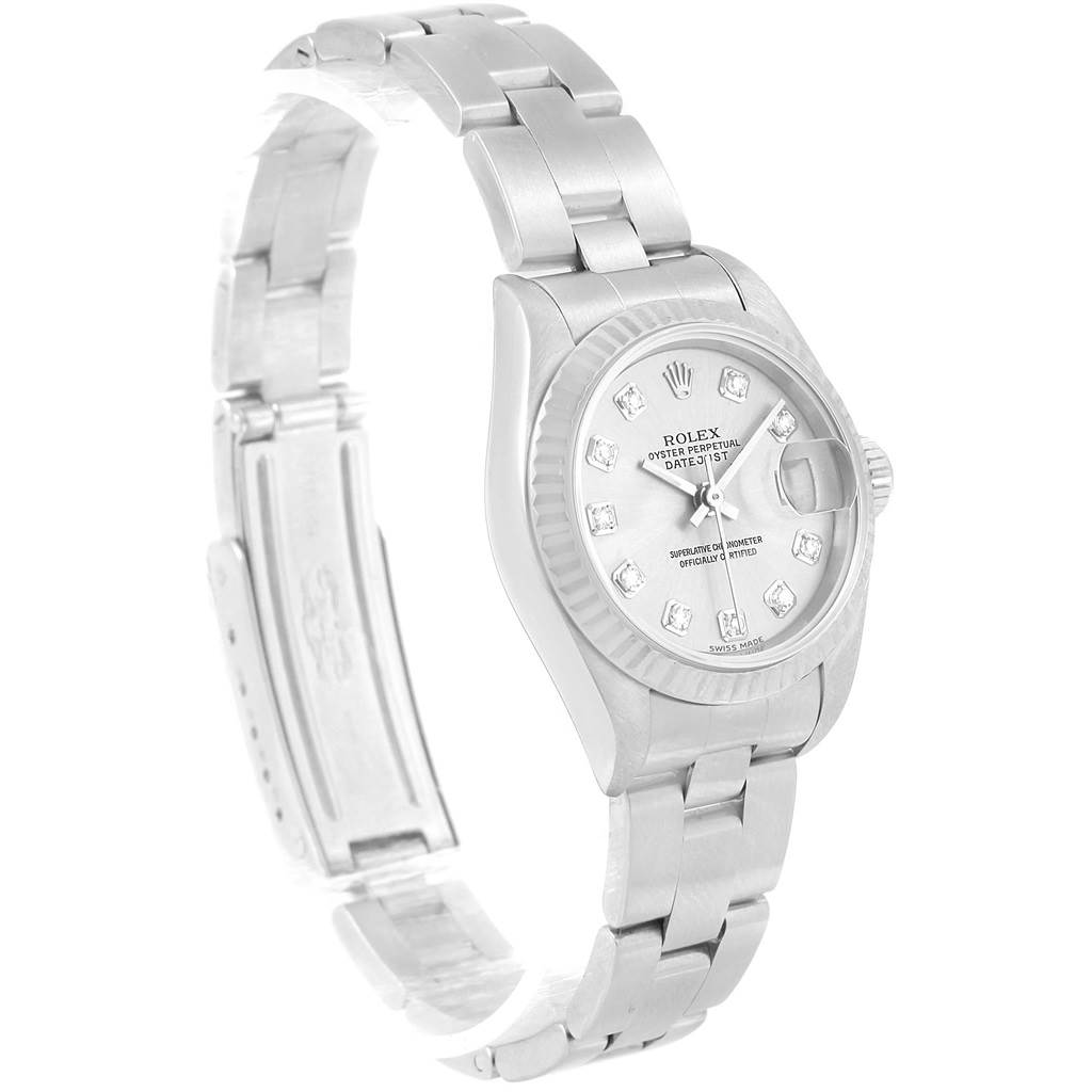 The image shows a Rolex Datejust 79174 Women's Stainless Steel Silver Dial 79174 Women's Stainless Steel Silver Dial watch at a tilted angle, highlighting the face, bezel, and bracelet.