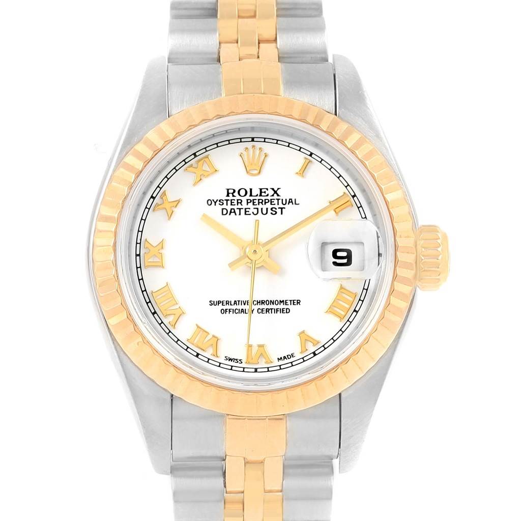 This Rolex Datejust 79173 Women's Steel and Gold (two tone) White Dial 79173 Women's Steel and Gold (two tone) White Dial watch is shown from a front angle, highlighting its dial, bezel, and bracelet.
