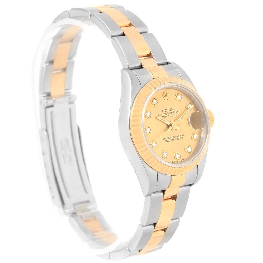 The image shows a side-angle view of a Rolex Datejust 69173 Women's Stainless Steel Champagne Dial 69173 Women's Stainless Steel Champagne Dial watch, focusing on the two-tone bracelet and face with diamond hour markers.