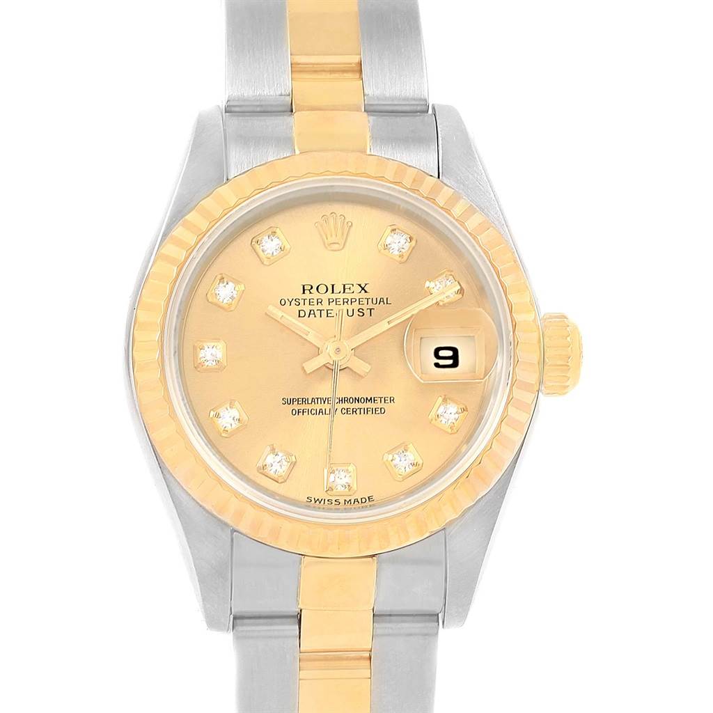The image shows the dial, bezel, and part of the bracelet of a Rolex Datejust 69173 Women's Stainless Steel Champagne Dial 69173 Women's Stainless Steel Champagne Dial watch from a top-down angle.