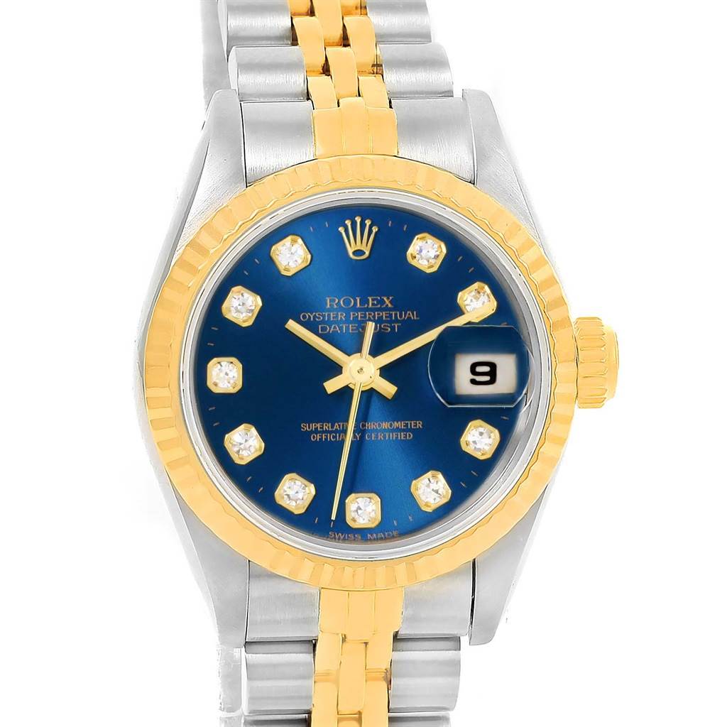 This image shows a front view of a Rolex Datejust 69173 Women's Steel and Gold (two tone) Blue Dial 69173 Women's Steel and Gold (two tone) Blue Dial watch, highlighting its blue dial, gold bezel, and two-tone bracelet.