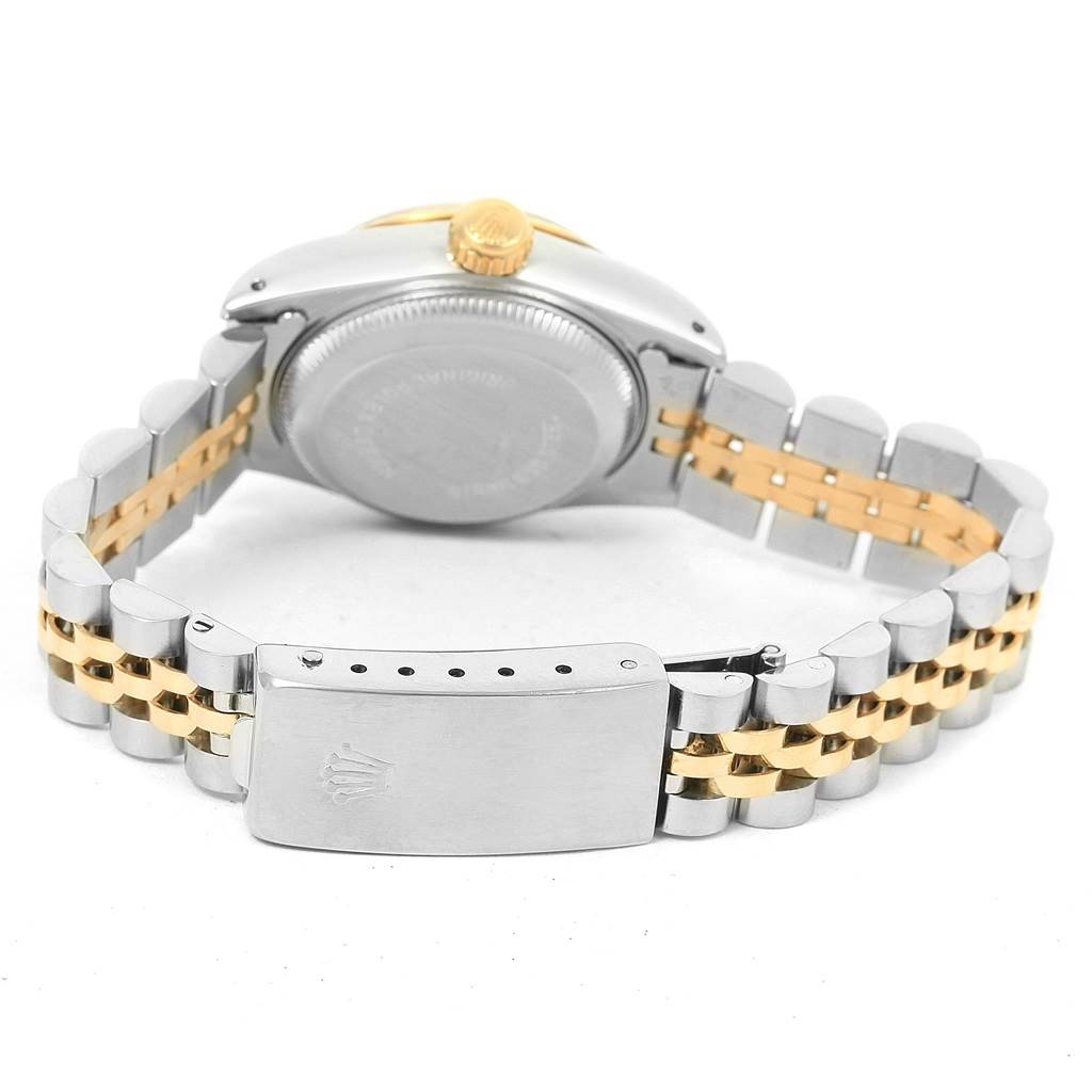 This image shows the back view of a Rolex Datejust 69173 Women's Steel and Gold (two tone) Blue Dial 69173 Women's Steel and Gold (two tone) Blue Dial watch, highlighting the case back, crown, and two-tone bracelet with clasp.