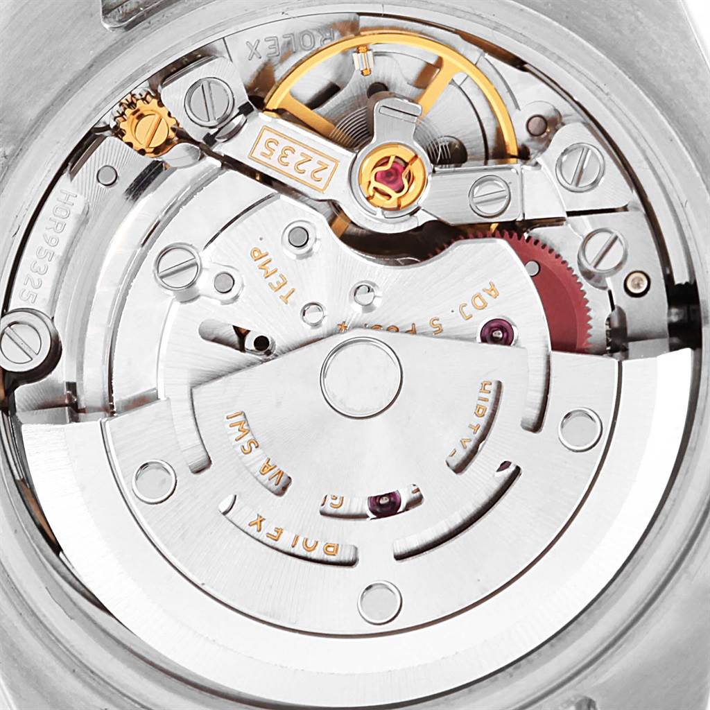 This image shows the intricate inner mechanical movement of a Rolex Datejust 179383 Women's Steel and Gold (two tone) Mother of Pearl Dial 179383 Women's Steel and Gold (two tone) Mother of Pearl Dial watch viewed from the back.