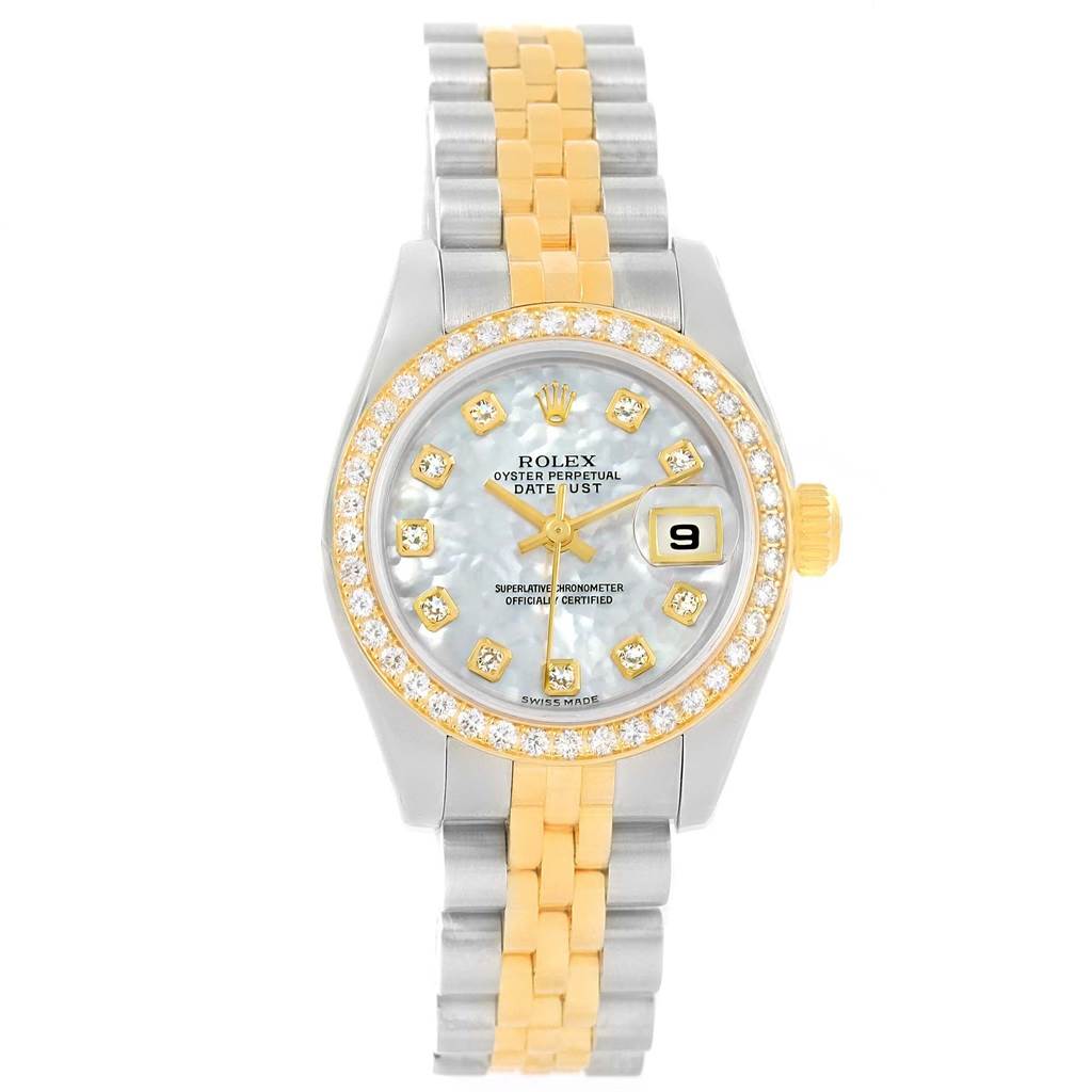 This Rolex Datejust 179383 Women's Steel and Gold (two tone) Mother of Pearl Dial 179383 Women's Steel and Gold (two tone) Mother of Pearl Dial watch is shown from a top-down angle, displaying its dial, bezel, and bracelet clearly.
