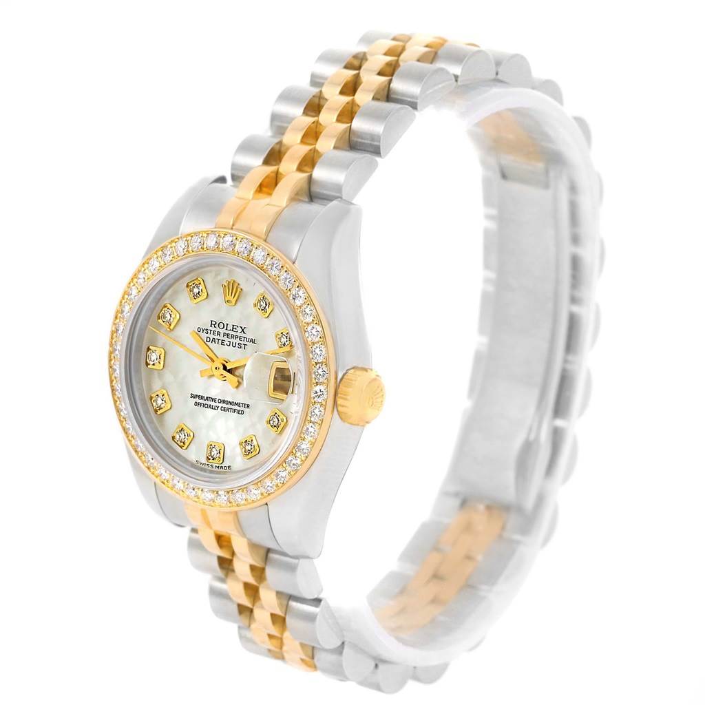 This Rolex Datejust 179383 Women's Steel and Gold (two tone) Mother of Pearl Dial 179383 Women's Steel and Gold (two tone) Mother of Pearl Dial watch is shown in a three-quarter angle, highlighting the face, bezel, crown, and two-tone bracelet.