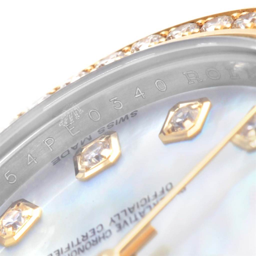 The image shows a close-up of the dial and bezel of a Rolex Datejust 179383 Women's Steel and Gold (two tone) Mother of Pearl Dial 179383 Women's Steel and Gold (two tone) Mother of Pearl Dial watch, highlighting the diamonds and "Swiss Made" inscription.