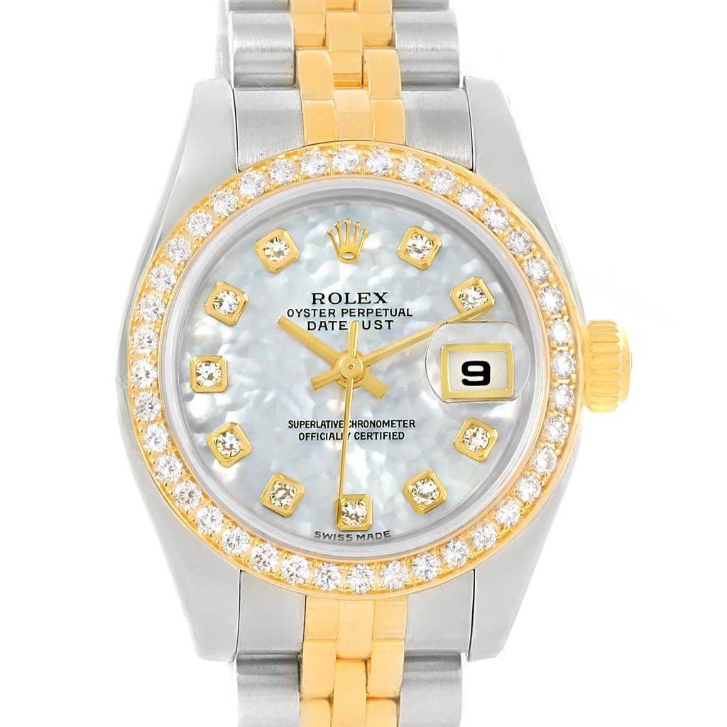 The image shows a Rolex Datejust 179383 Women's Steel and Gold (two tone) Mother of Pearl Dial 179383 Women's Steel and Gold (two tone) Mother of Pearl Dial watch face and part of the bracelet at a top-down angle, featuring a diamond bezel and two-tone strap.