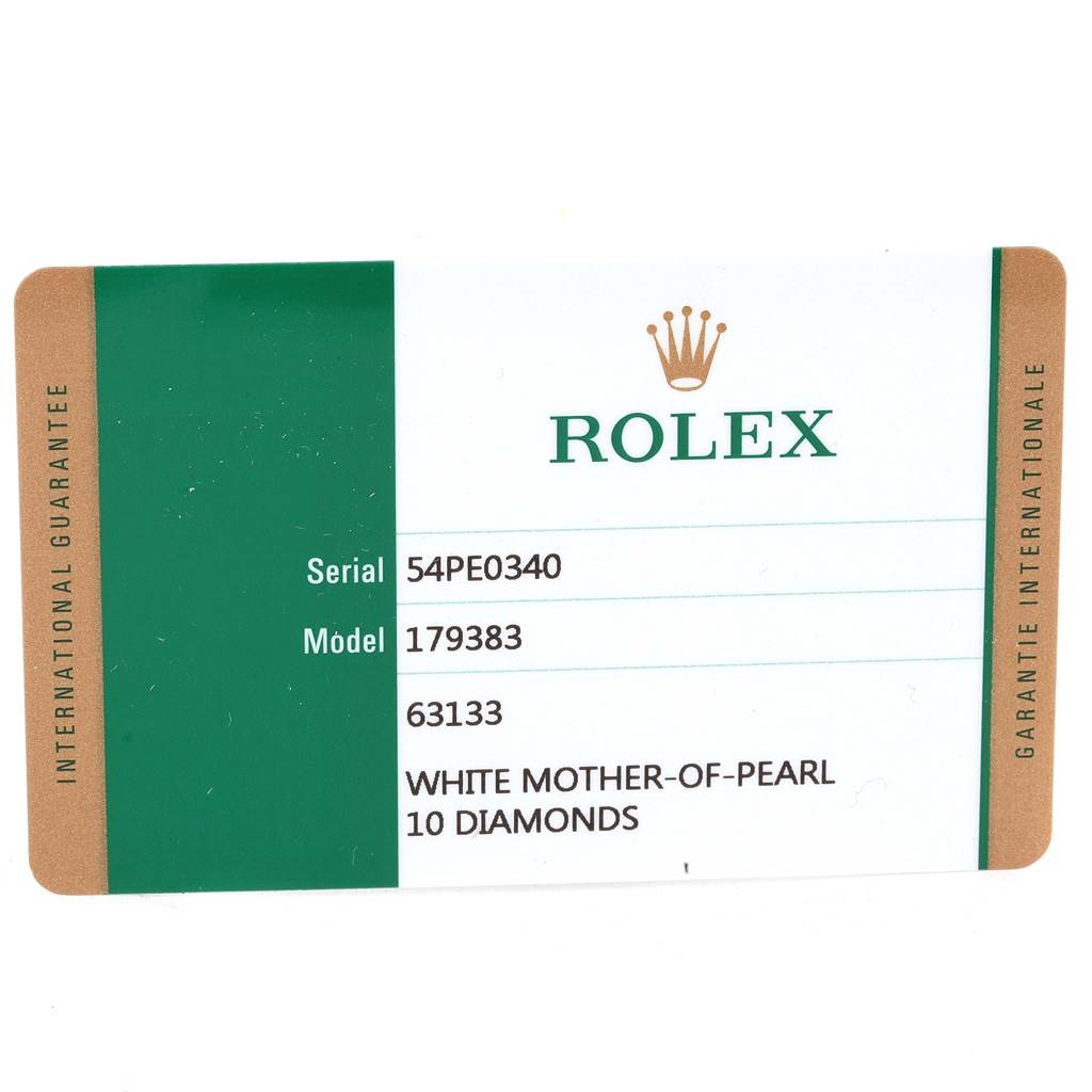This is a warranty card for a Rolex Datejust 179383 Women's Steel and Gold (two tone) Mother of Pearl Dial 179383 Women's Steel and Gold (two tone) Mother of Pearl Dial model 179383 with white mother-of-pearl and 10 diamonds.