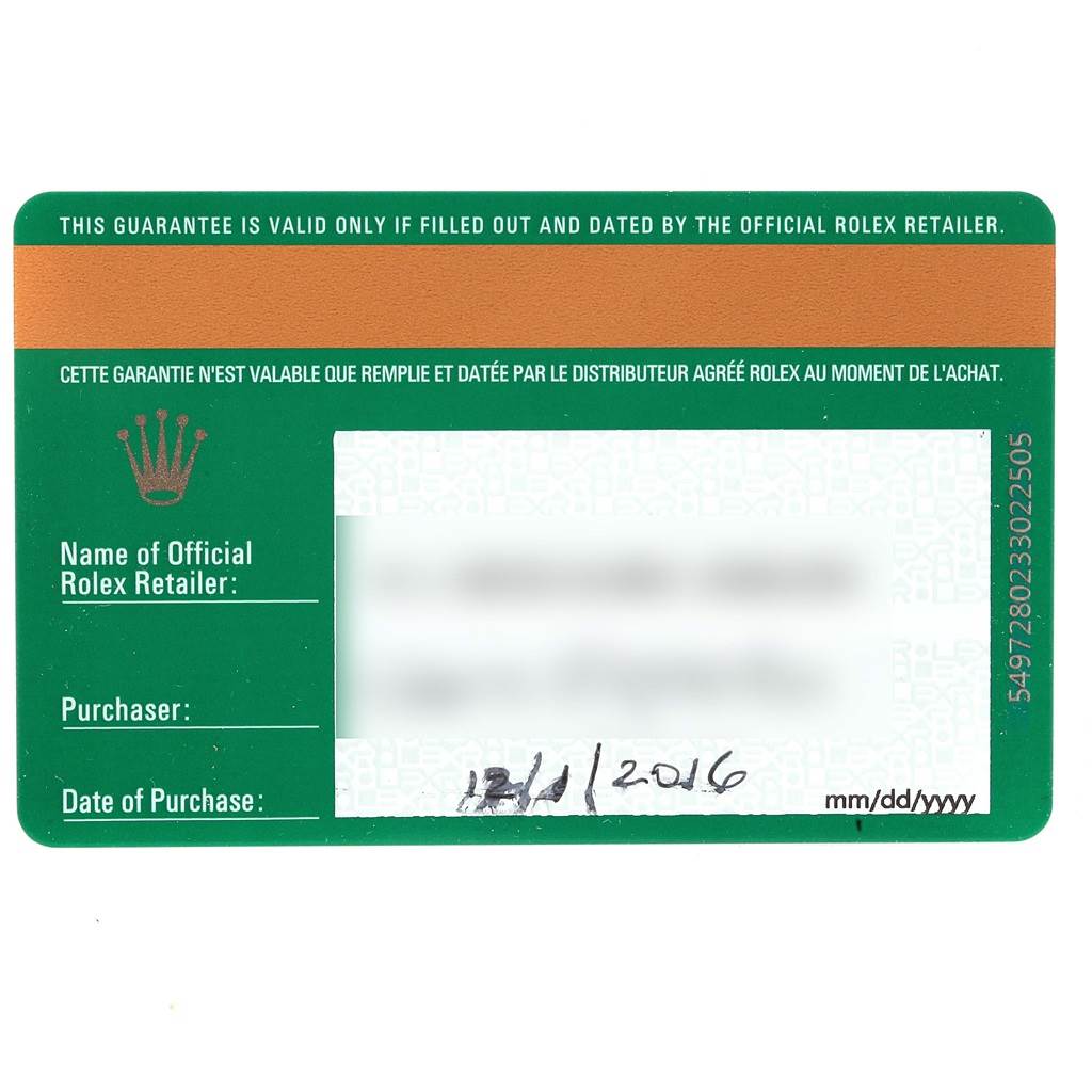 The image shows a guarantee card for a Rolex Datejust 179383 Women's Steel and Gold (two tone) Mother of Pearl Dial 179383 Women's Steel and Gold (two tone) Mother of Pearl Dial watch displayed at a straight and top-down angle.