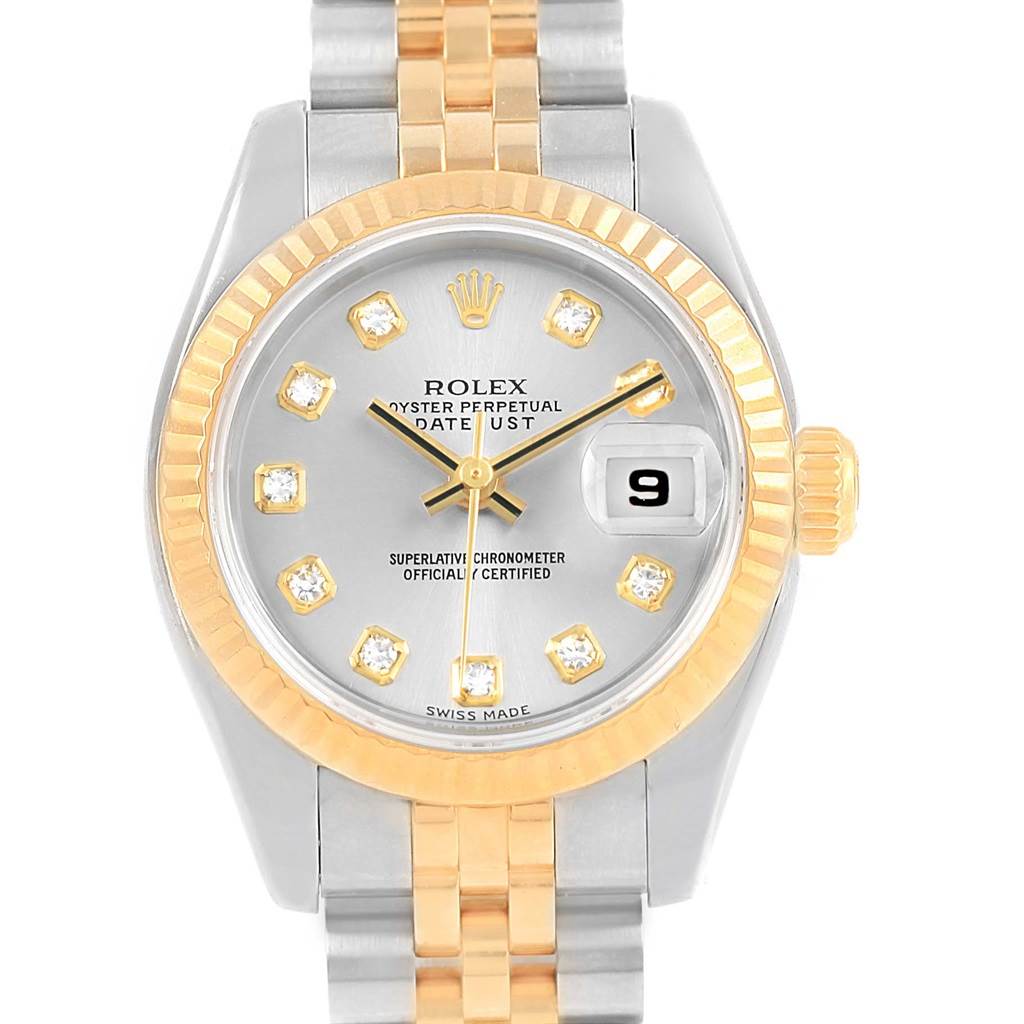 The image shows a Rolex Datejust 179173 Women's Steel and Gold (two tone) Silver Dial 179173 Women's Steel and Gold (two tone) Silver Dial watch face and bezel, with a two-tone metal band, viewed from the front.