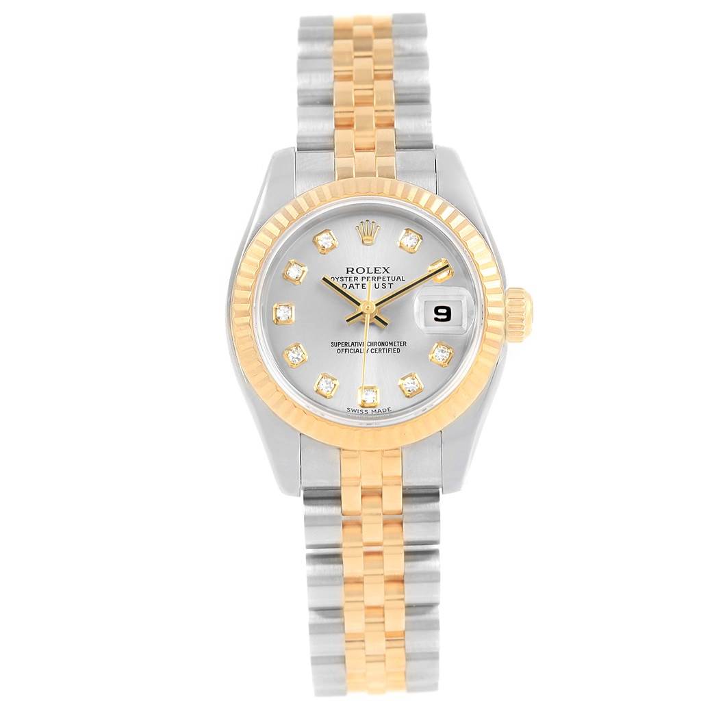 The image shows a front view of a Rolex Datejust 179173 Women's Steel and Gold (two tone) Silver Dial 179173 Women's Steel and Gold (two tone) Silver Dial watch, showcasing its dial, fluted bezel, and two-tone bracelet.
