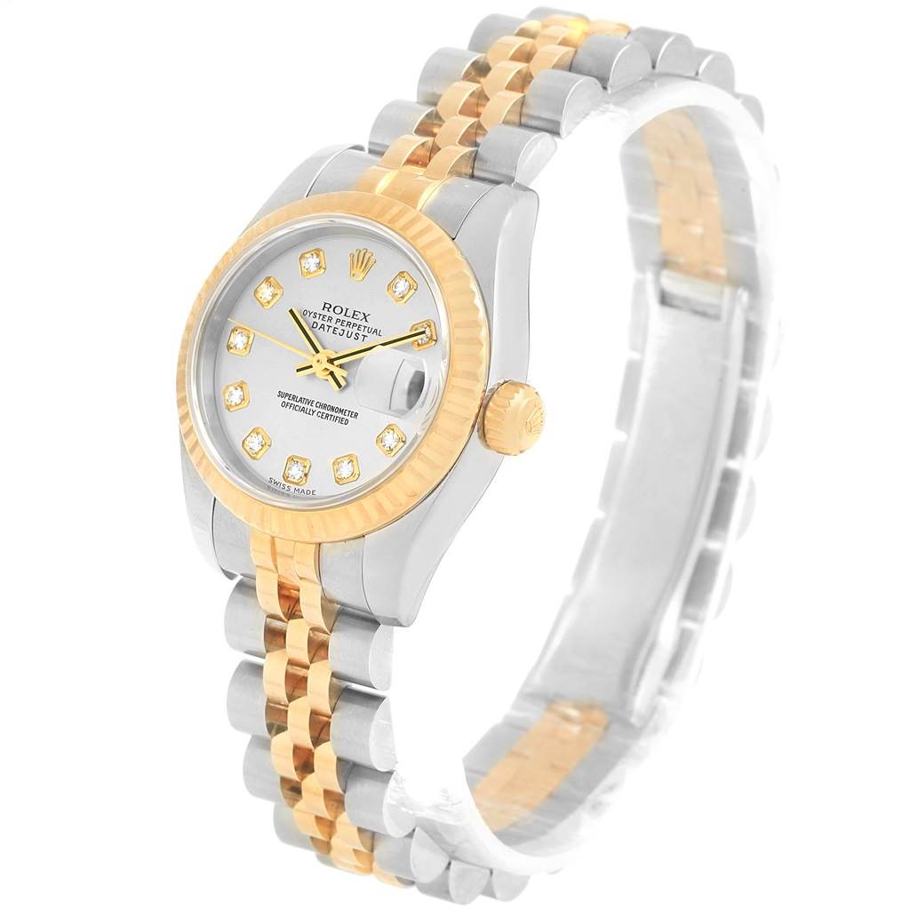 The image shows a Rolex Datejust 179173 Women's Steel and Gold (two tone) Silver Dial 179173 Women's Steel and Gold (two tone) Silver Dial model watch from an angled front view, showcasing its bezel, dial, and two-tone bracelet.