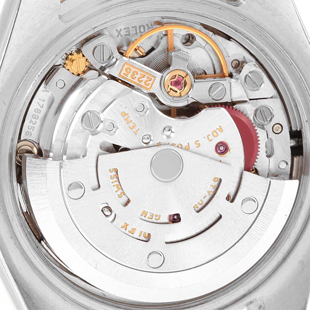 The image shows the detailed inner mechanism and movement of the Rolex Datejust 179173 Women's Steel and Gold (two tone) Silver Dial 179173 Women's Steel and Gold (two tone) Silver Dial watch viewed from the back.