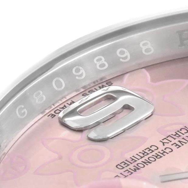 This image shows a close-up angle of the dial and bezel of a Rolex Datejust 116200 Women's Stainless Steel Pink Dial 116200 Women's Stainless Steel Pink Dial watch.