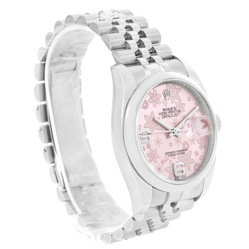 The Rolex Datejust 116200 Women's Stainless Steel Pink Dial 116200 Women's Stainless Steel Pink Dial watch is shown at a slight side angle, highlighting its pink floral dial, silver case, and metal band.