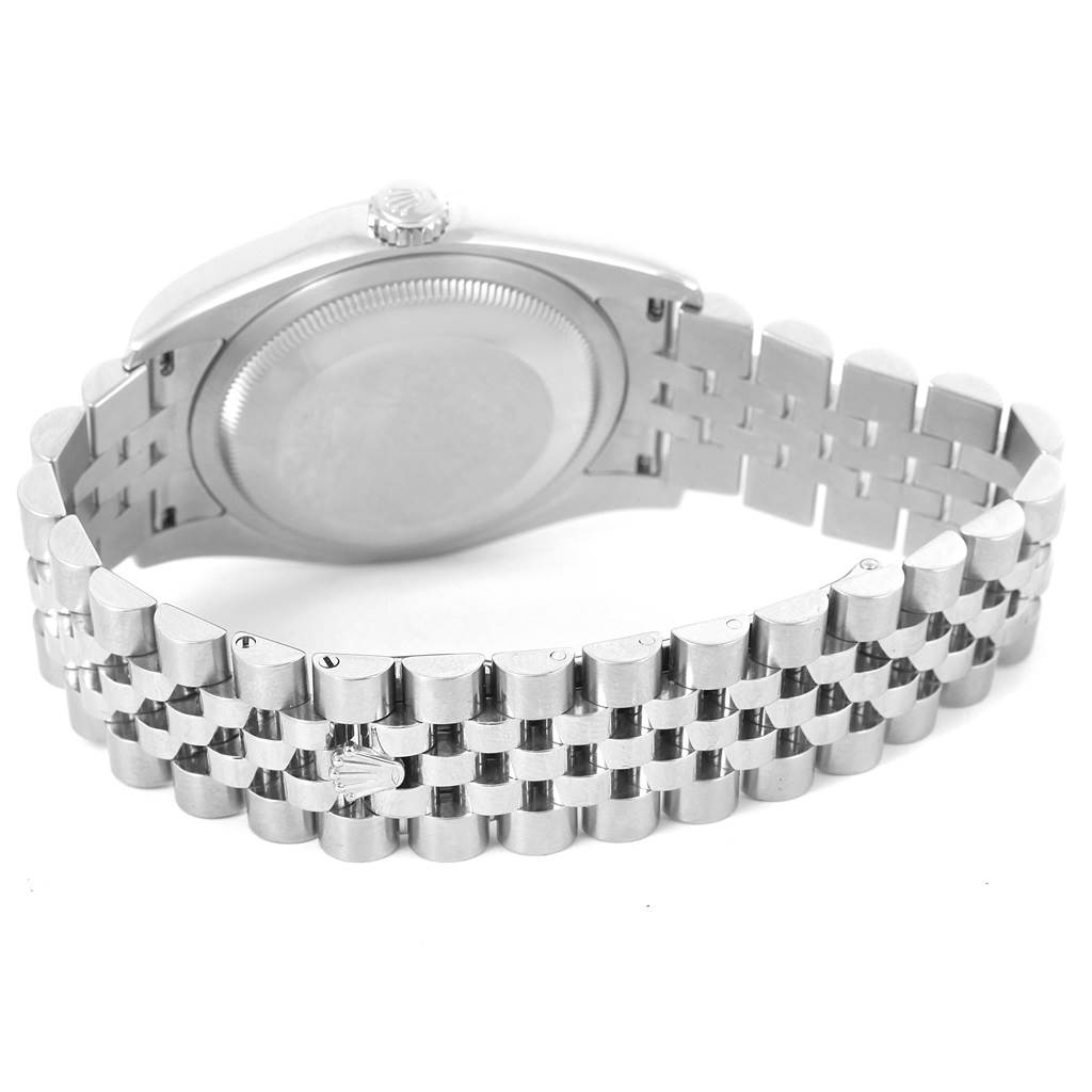 This image shows the back case and metal bracelet of a Rolex Datejust 116200 Women's Stainless Steel Pink Dial 116200 Women's Stainless Steel Pink Dial watch from a rear-facing, angled view.