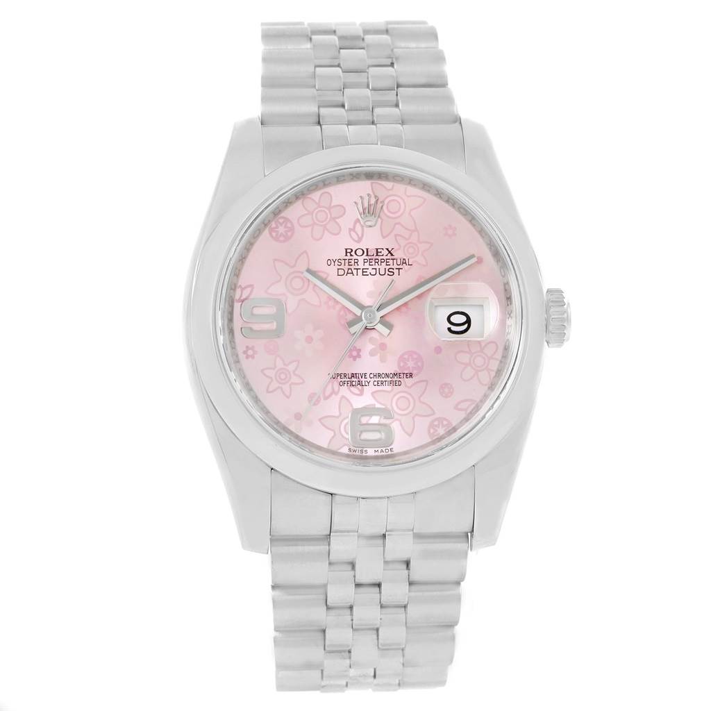 This image shows a Rolex Datejust 116200 Women's Stainless Steel Pink Dial 116200 Women's Stainless Steel Pink Dial watch from a front angle, featuring its floral pink dial and silver Jubilee bracelet.