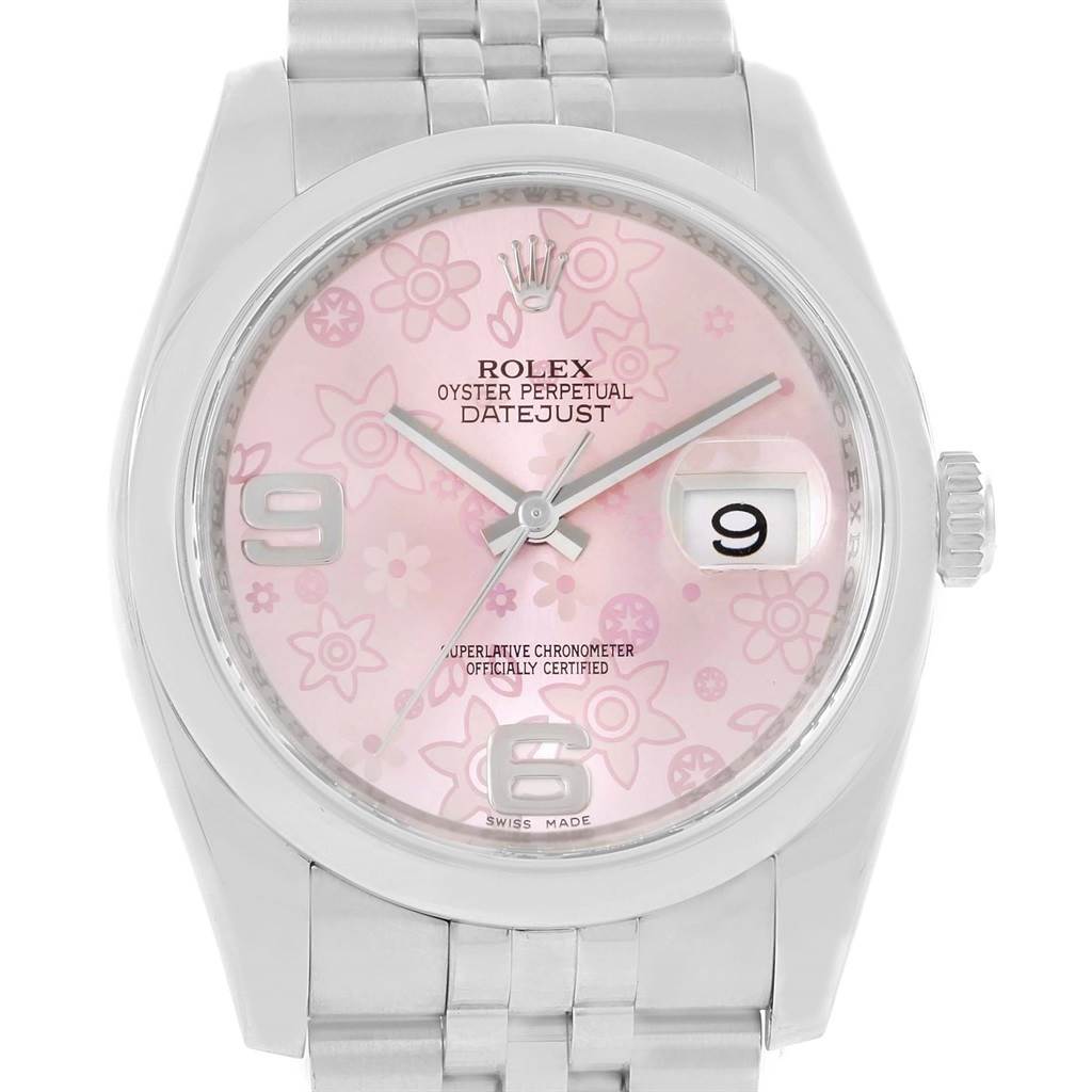 The image shows a Rolex Datejust 116200 Women's Stainless Steel Pink Dial 116200 Women's Stainless Steel Pink Dial watch from the front, displaying its pink floral dial, date window, bezel, and part of its bracelet.