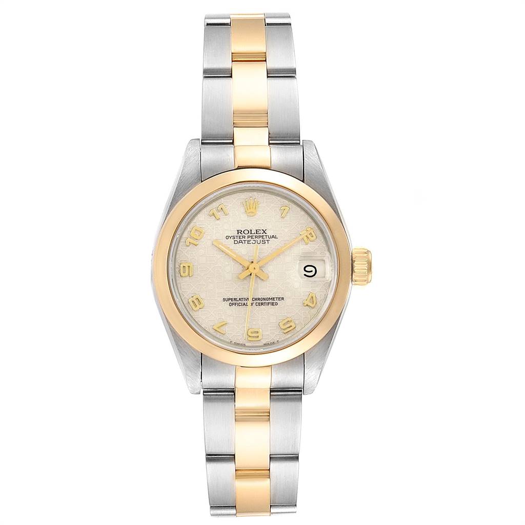 The Rolex Datejust 69163 Women's Stainless Steel Beige Dial 69163 Women's Stainless Steel Beige Dial watch is shown from a top view, displaying its face, bezel, crown, and bracelet.