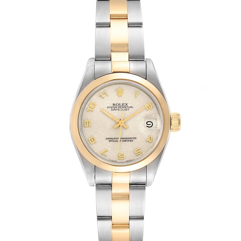 The image shows a front view of a Rolex Datejust 69163 Women's Stainless Steel Beige Dial 69163 Women's Stainless Steel Beige Dial watch, highlighting its dial, bracelet, and crown.