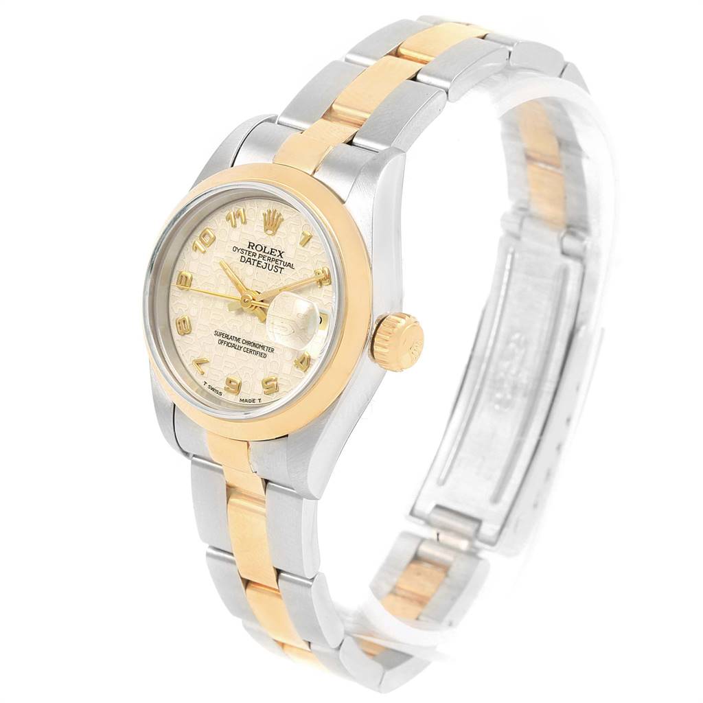 The image shows a Rolex Datejust 69163 Women's Stainless Steel Beige Dial 69163 Women's Stainless Steel Beige Dial model watch at an angle, highlighting the dial, bezel, crown, and two-tone bracelet.