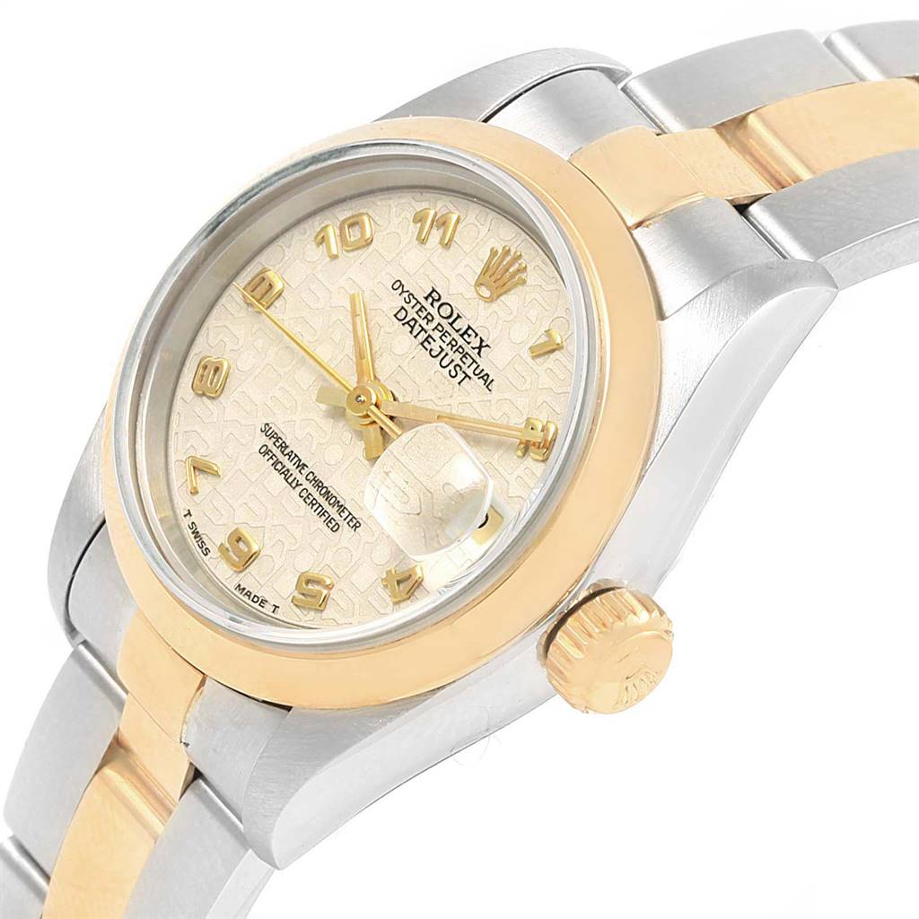 The Rolex Datejust 69163 Women's Stainless Steel Beige Dial 69163 Women's Stainless Steel Beige Dial watch is shown at an oblique angle highlighting the bezel, crown, dial, and a portion of the bracelet.