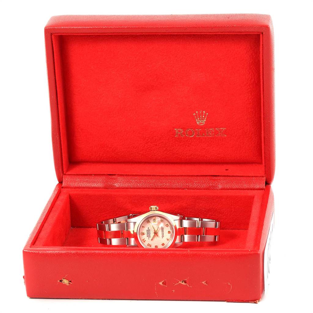 The Rolex Datejust 69163 Women's Stainless Steel Beige Dial 69163 Women's Stainless Steel Beige Dial watch is shown from a front angle inside its red case.