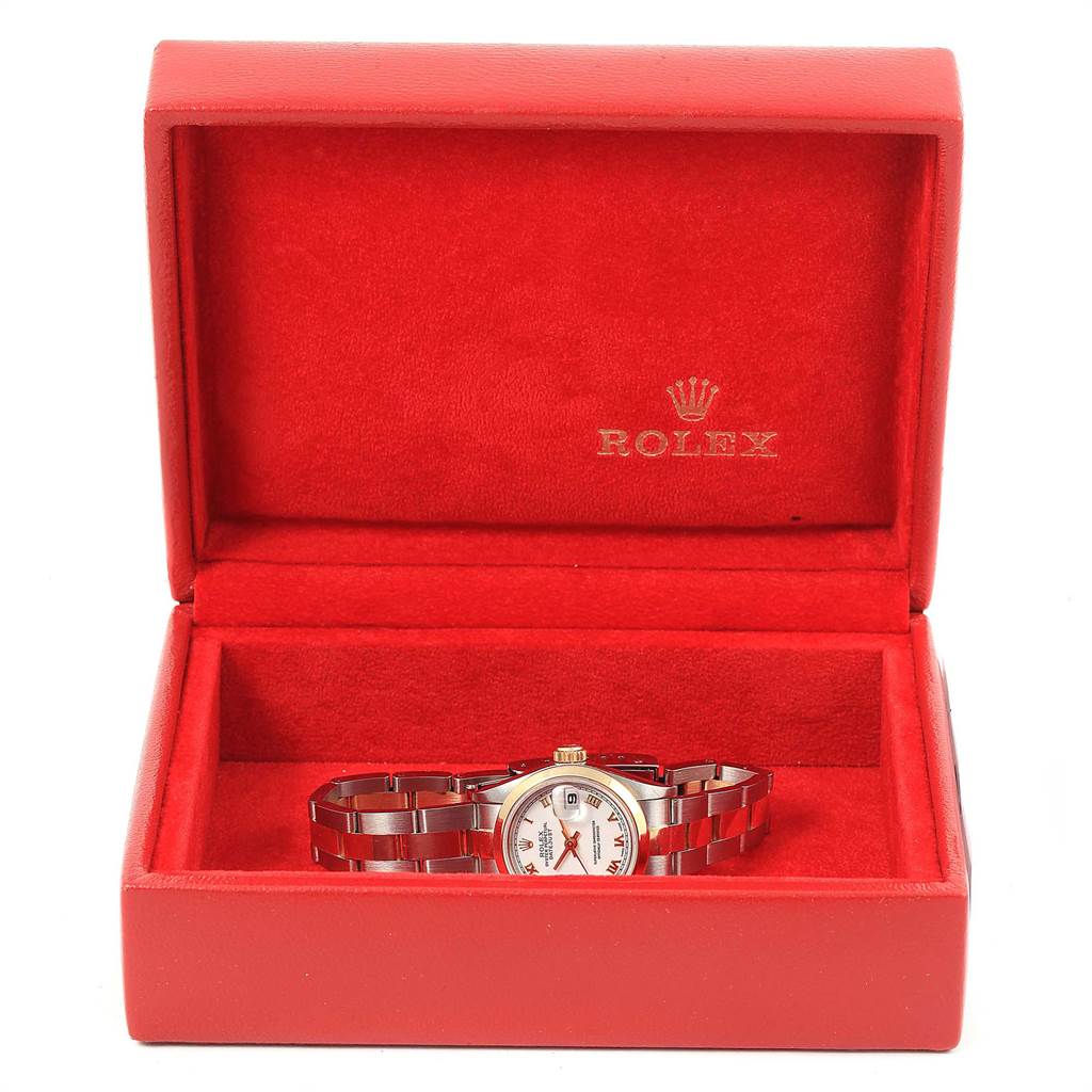 The image shows the Rolex Datejust 69163 Women's Stainless Steel White Dial 69163 Women's Stainless Steel White Dial watch positioned frontally inside an open red Rolex box.