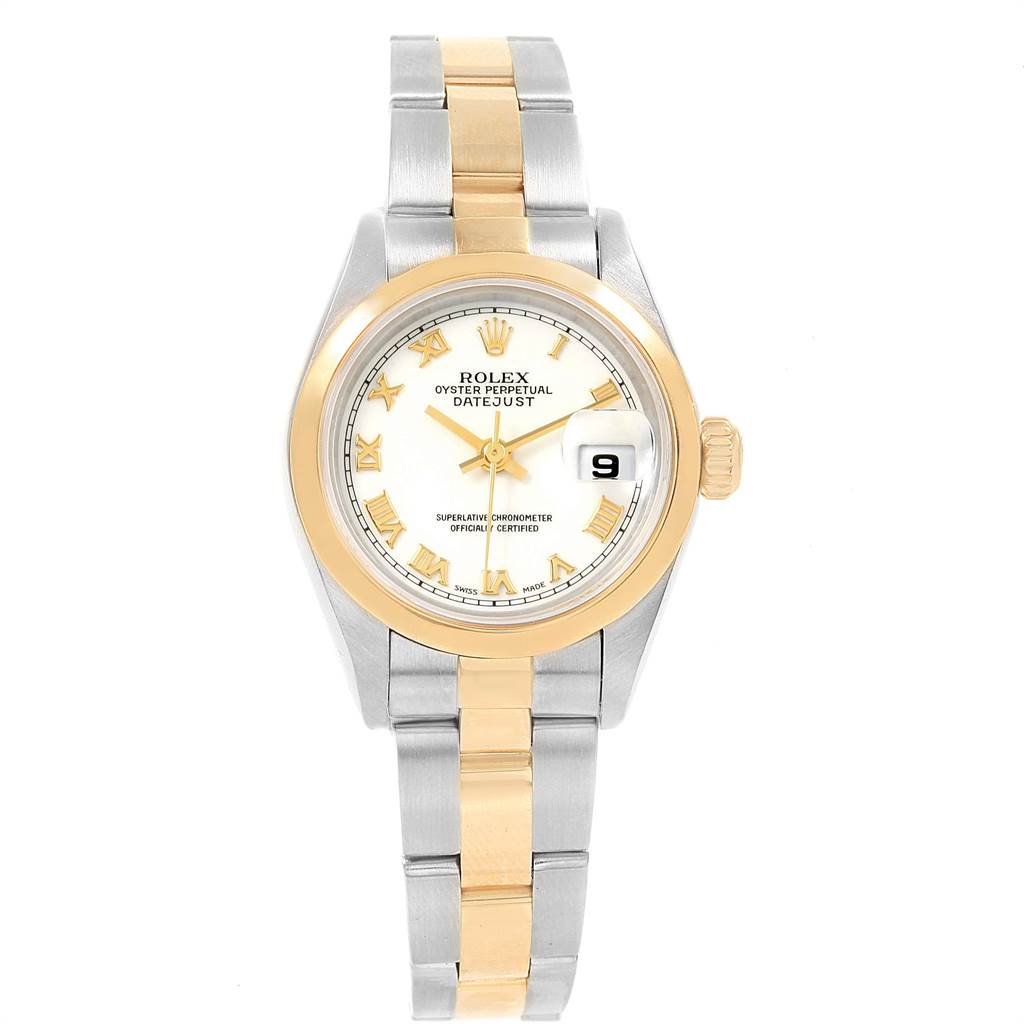 The image illustrates a front view of a Rolex Datejust 69163 Women's Stainless Steel White Dial 69163 Women's Stainless Steel White Dial watch, showcasing its dial, bezel, and two-tone bracelet.