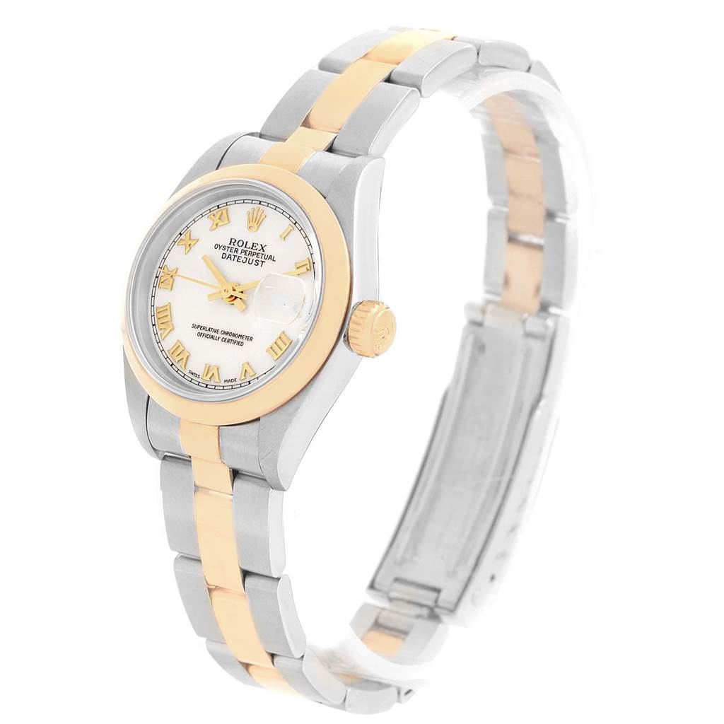 The Rolex Datejust 69163 Women's Stainless Steel White Dial 69163 Women's Stainless Steel White Dial watch is shown at a slight angle, highlighting its face, bezel, crown, and two-tone bracelet.