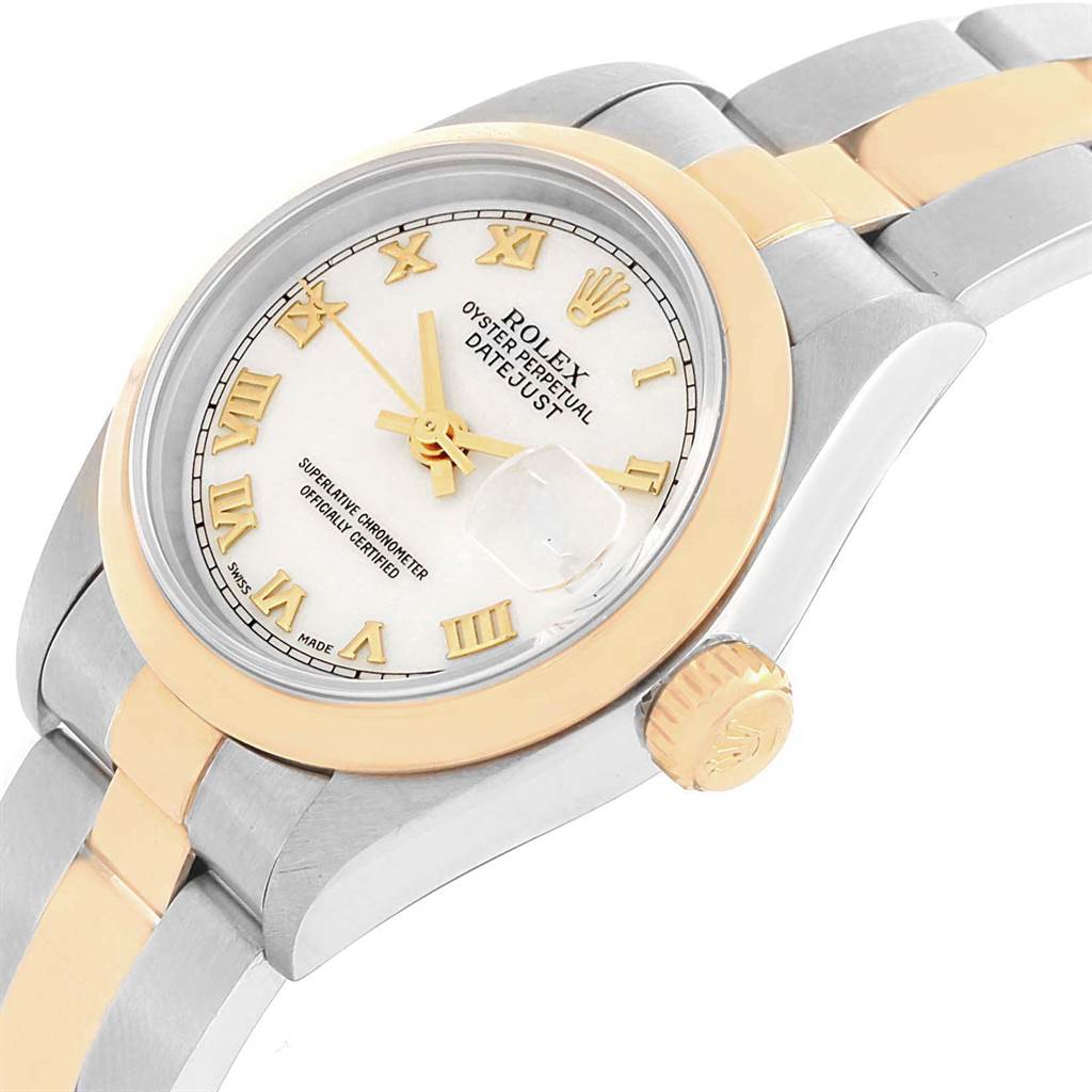 This Rolex Datejust 69163 Women's Stainless Steel White Dial 69163 Women's Stainless Steel White Dial watch is shown at a slight side angle, featuring the dial, bezel, crown, and a portion of the bracelet.