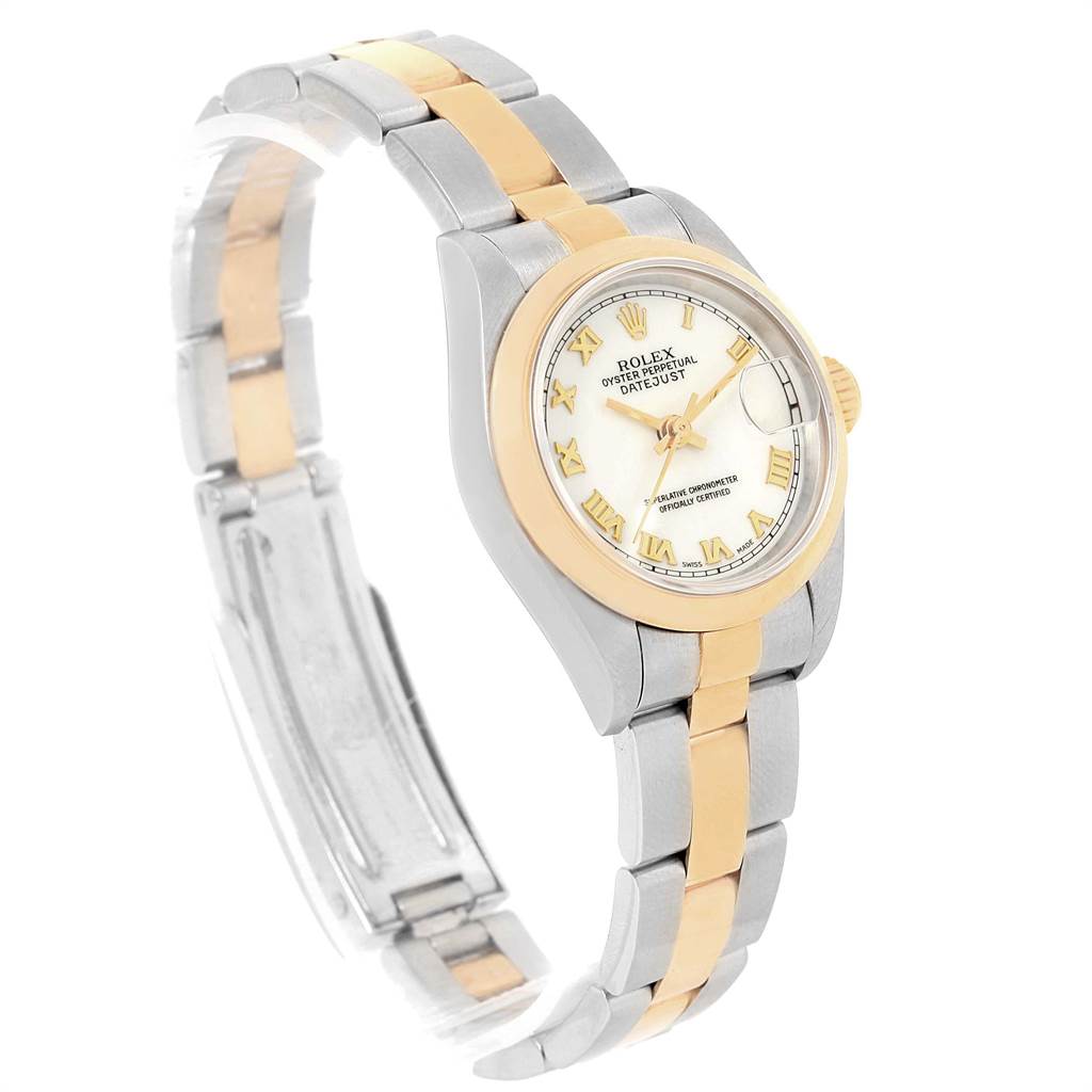 The Rolex Datejust 69163 Women's Stainless Steel White Dial 69163 Women's Stainless Steel White Dial watch is shown at an angle, displaying the face, bezel, crown, and part of the two-tone bracelet.