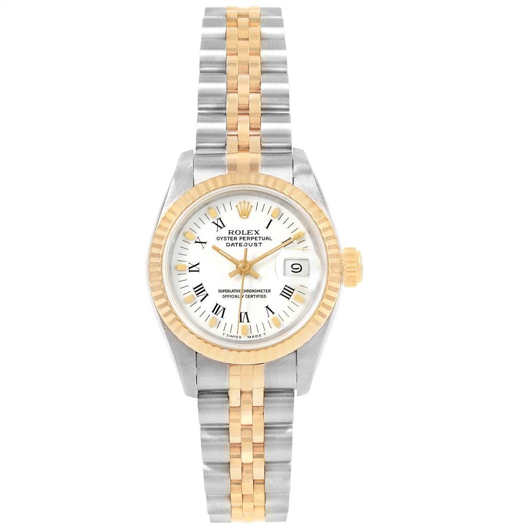 This is a Rolex Datejust 69173 Women's Stainless Steel White Dial 69173 Women's Stainless Steel White Dial watch shown from a top-down angle, displaying the face, bezel, and bracelet.