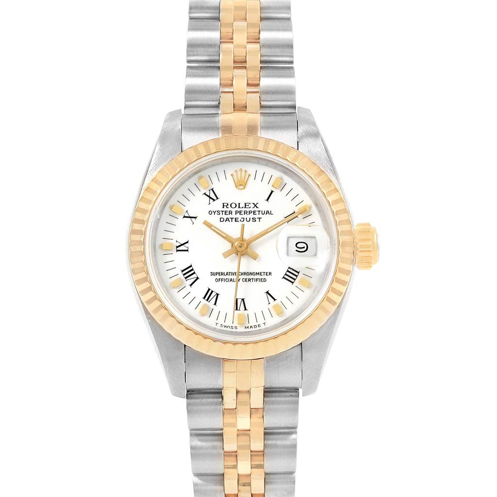 This image shows a front view of the Rolex Datejust 69173 Women's Stainless Steel White Dial 69173 Women's Stainless Steel White Dial watch, highlighting its dial, bracelet, and bezel.