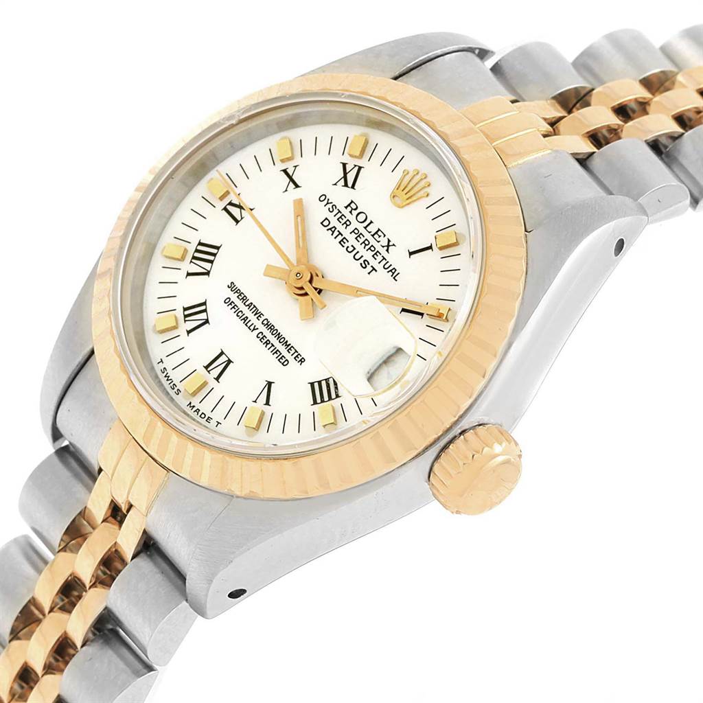 The image shows a Rolex Datejust 69173 Women's Stainless Steel White Dial 69173 Women's Stainless Steel White Dial watch angled from the front-left, highlighting the dial, bezel, crown, and part of the bracelet.