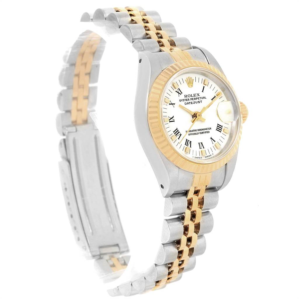 This image shows a side and partial view of a Rolex Datejust 69173 Women's Stainless Steel White Dial 69173 Women's Stainless Steel White Dial watch, highlighting the dial, bezel, and part of the bracelet.