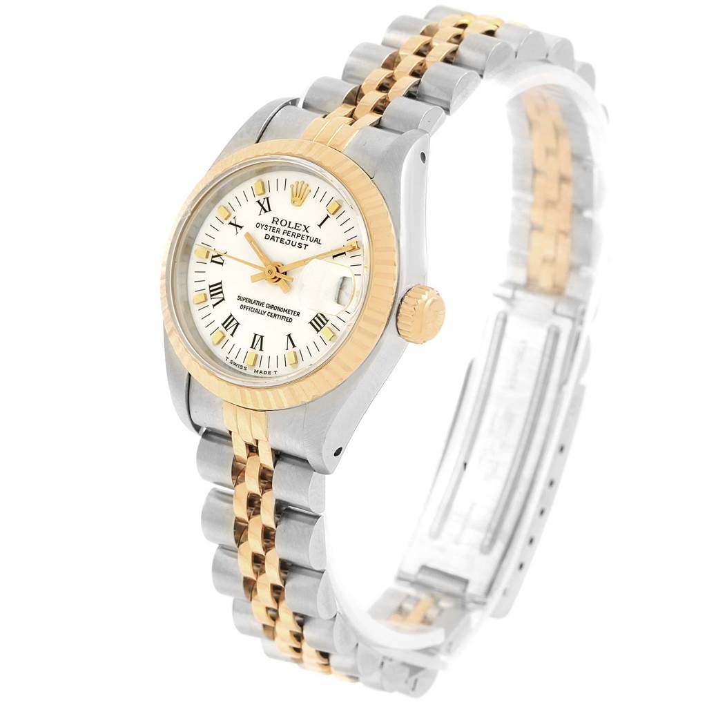 The image shows a Rolex Datejust 69173 Women's Stainless Steel White Dial 69173 Women's Stainless Steel White Dial watch at an angled view, highlighting its face, bezel, and two-tone bracelet.