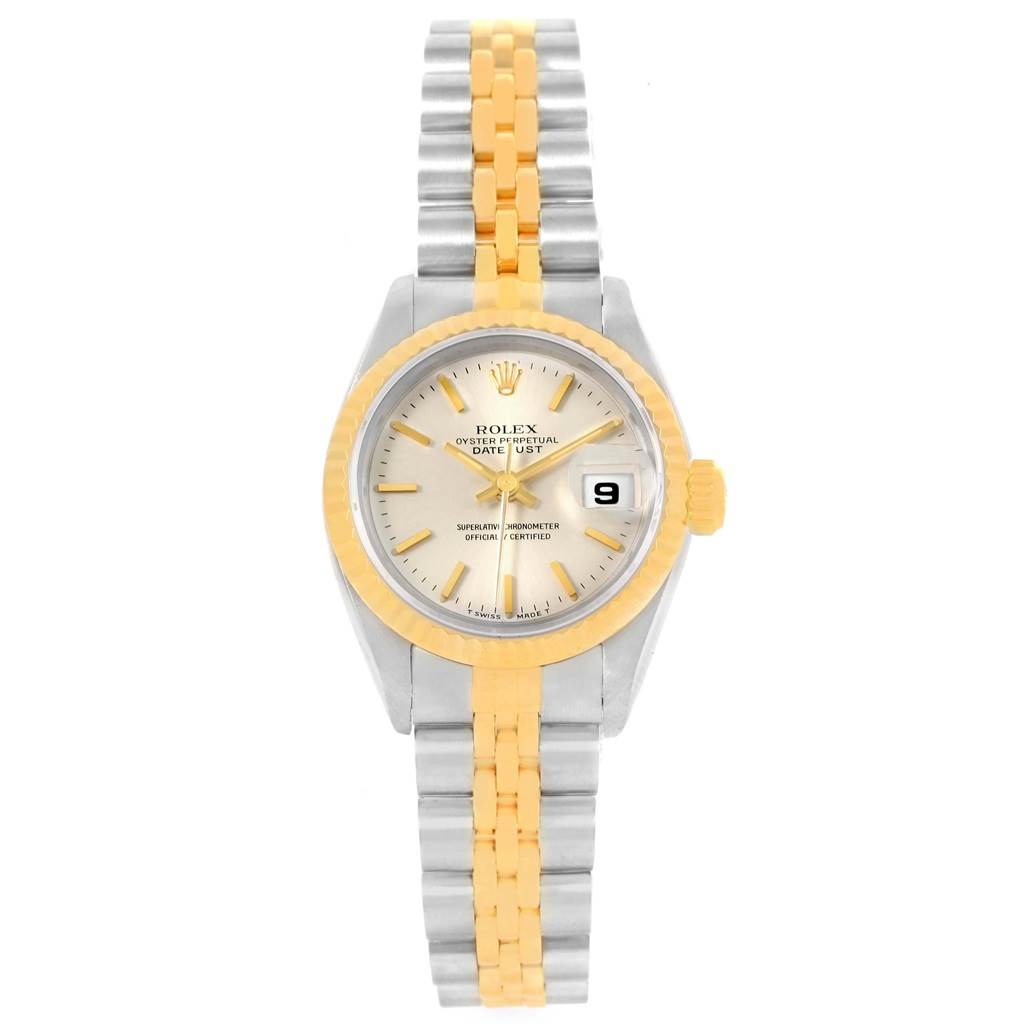 The image shows a front view of a Rolex Datejust 69173 Women's Stainless Steel Silver Dial 69173 Women's Stainless Steel Silver Dial watch, highlighting its two-tone band, gold bezel, and date display.