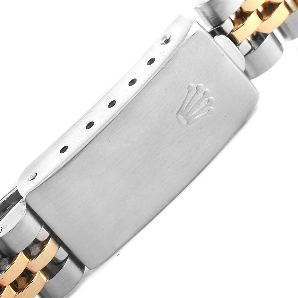 This image shows the clasp of a Rolex Datejust 69173 Women's Stainless Steel Silver Dial 69173 Women's Stainless Steel Silver Dial watch, featuring the Rolex crown logo.
