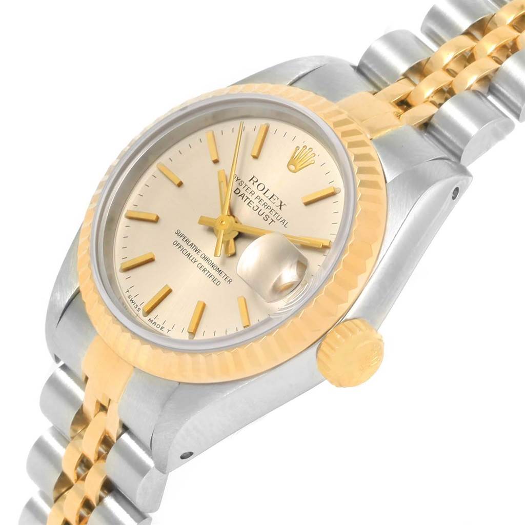 The image shows a close-up of the Rolex Datejust 69173 Women's Stainless Steel Silver Dial 69173 Women's Stainless Steel Silver Dial watch at an angle, highlighting the dial, crown, bezel, and part of the bracelet.