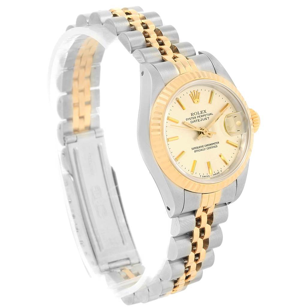 The Rolex Datejust 69173 Women's Stainless Steel Silver Dial 69173 Women's Stainless Steel Silver Dial watch is shown at a three-quarter angle, highlighting the face, bezel, and two-tone bracelet.