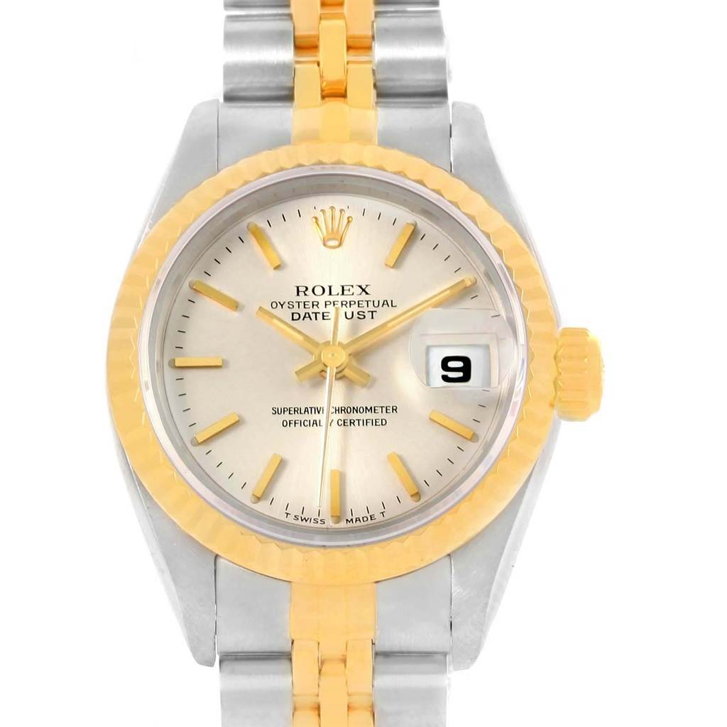 The image shows a Rolex Datejust 69173 Women's Stainless Steel Silver Dial 69173 Women's Stainless Steel Silver Dial watch with a silver and gold bracelet, gold bezel, and a date window at three o'clock, viewed from the front.