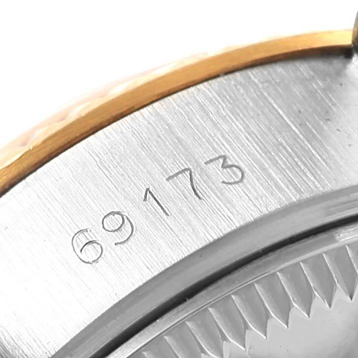 This image shows a close-up angle of the Rolex Datejust 69173 Women's Stainless Steel Silver Dial 69173 Women's Stainless Steel Silver Dial model, focusing on the model number and part of the bezel.