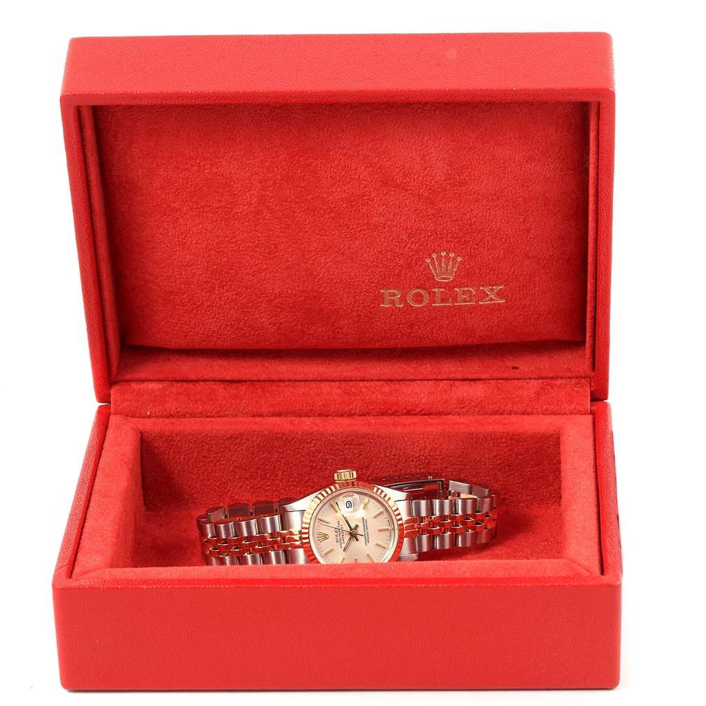 The image shows a Rolex Datejust 69173 Women's Stainless Steel Silver Dial 69173 Women's Stainless Steel Silver Dial watch displayed in an open red box, showcasing the dial and bracelet.
