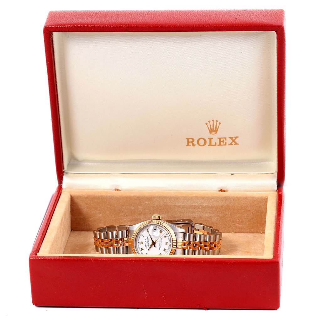 The Rolex Datejust 69173 Women's Stainless Steel White Dial 69173 Women's Stainless Steel White Dial watch is shown in an open red box, displaying the face, bezel, and bracelet.