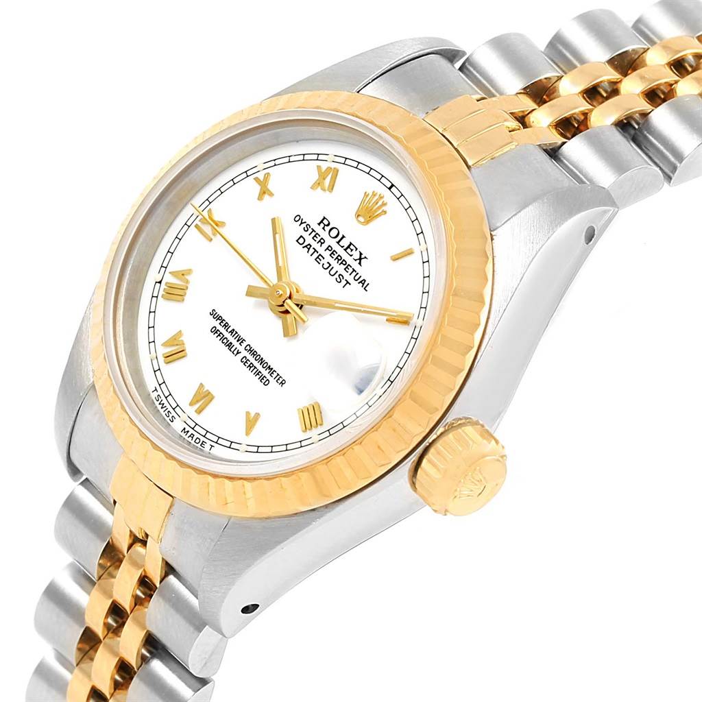 The image shows a Rolex Datejust 69173 Women's Stainless Steel White Dial 69173 Women's Stainless Steel White Dial watch at an angled view, highlighting the white dial, gold bezel, crown, and two-tone bracelet.